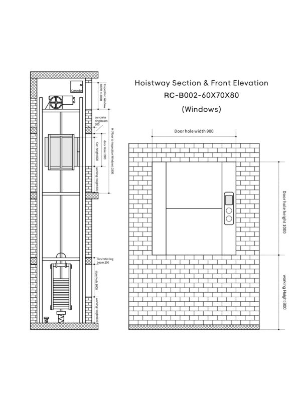 RC-B002 100kg 0.75kW Dumbwaiter Lift | 60x70x80cm Rear Counterweight