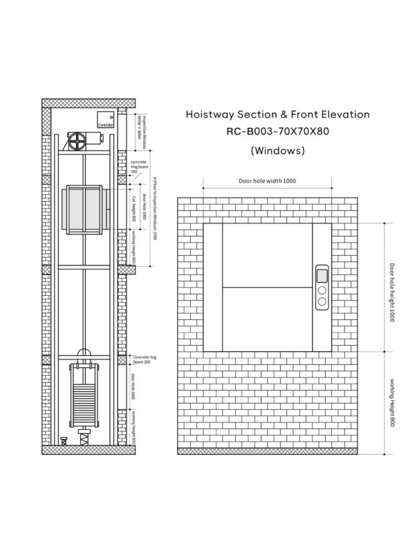 rc-b003-dumbwaiter-70x70x80cm-4 RC-B003 100kg 0.75kW Dumbwaiter Lift | 70x70x80cm Rear Counterweight