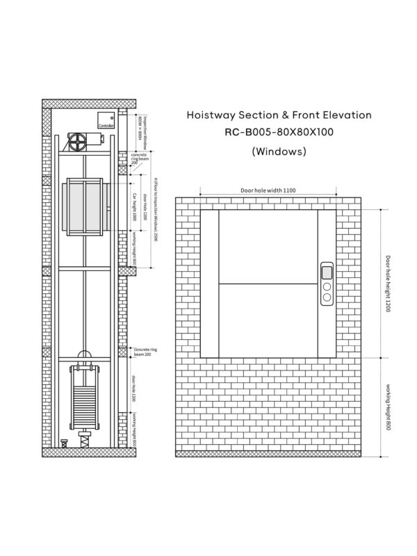 RC-B005 200kg 1.1kW Dumbwaiter Lift | 80x80x100cm Rear Counterweight