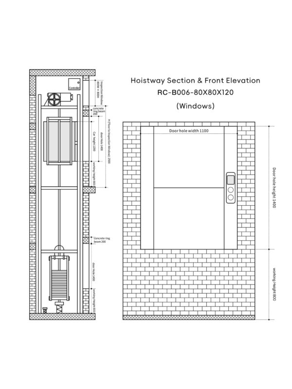 rc-b006-dumbwaiter-80x80x120cm-4 RC-B006 200kg 1.1kW Dumbwaiter Lift | 80x80x120cm Rear Counterweight