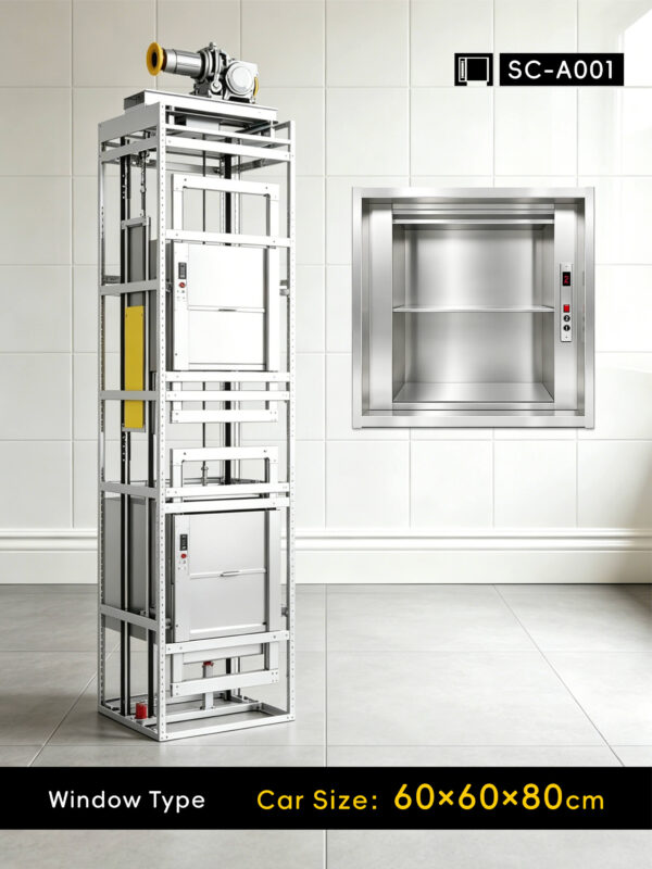 sc-a001-dumbwaiter-60x60x80cm-1 SC-A001 100kg 0.75kW Dumbwaiter Lift | 60x60x80cm Side Counterweight