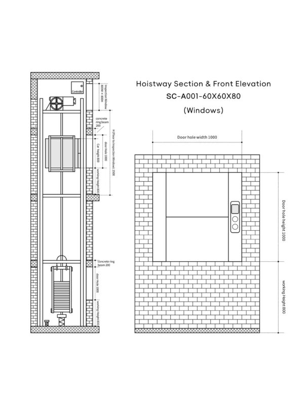 sc-a001-dumbwaiter-60x60x80cm-4 SC-A001 100kg 0.75kW Dumbwaiter Lift | 60x60x80cm Side Counterweight
