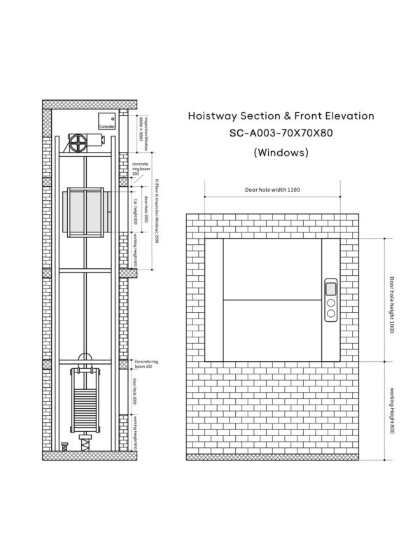SC-A003 100kg 0.75kW Dumbwaiter Lift | 70x70x80cm Side Counterweight