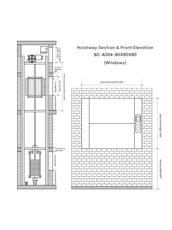 sc-a004-dumbwaiter-80x80x80cm-4 SC-A004 100kg 0.75kW Dumbwaiter Lift | 80x80x80cm Side Counterweight