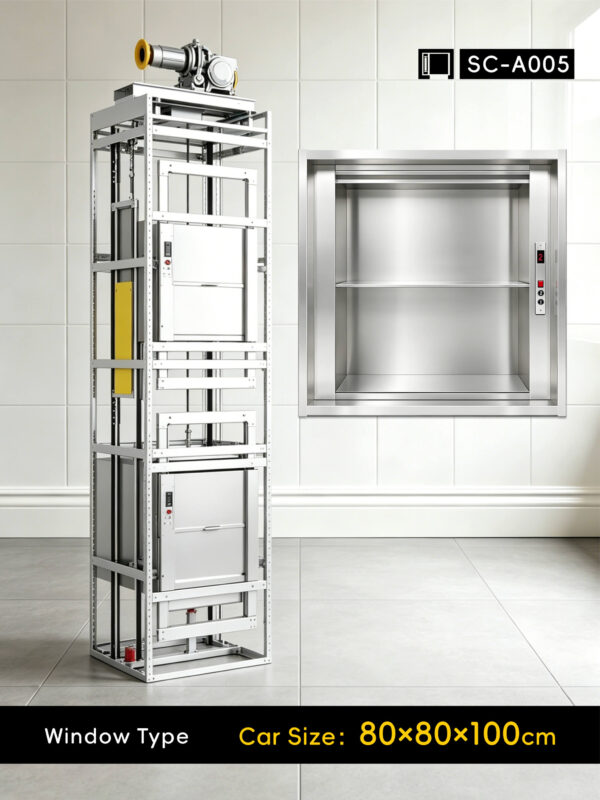sc-a005-dumbwaiter-80x80x100cm-1 SC-A005 200kg 1.1kW Dumbwaiter Lift | 80x80x100cm Side Counterweight