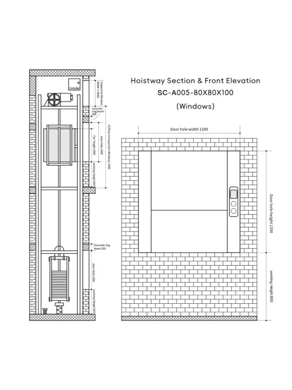 sc-a005-dumbwaiter-80x80x100cm-4 SC-A005 200kg 1.1kW Dumbwaiter Lift | 80x80x100cm Side Counterweight