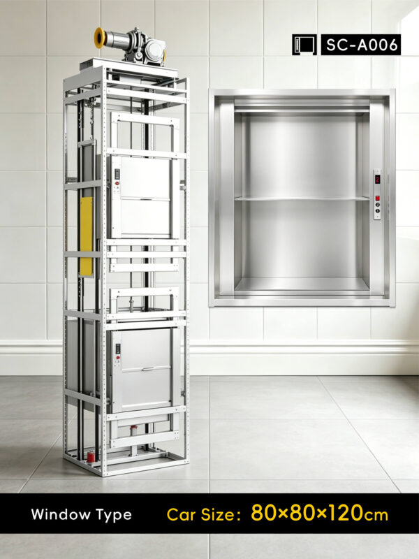 sc-a006-dumbwaiter-80x80x120cm-1 SC-A006 200kg 1.1kW Dumbwaiter Lift | 80x80x120cm Side Counterweight
