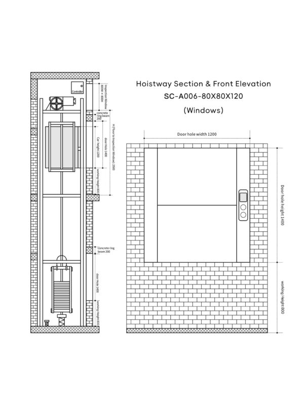 sc-a006-dumbwaiter-80x80x120cm-4 SC-A006 200kg 1.1kW Dumbwaiter Lift | 80x80x120cm Side Counterweight