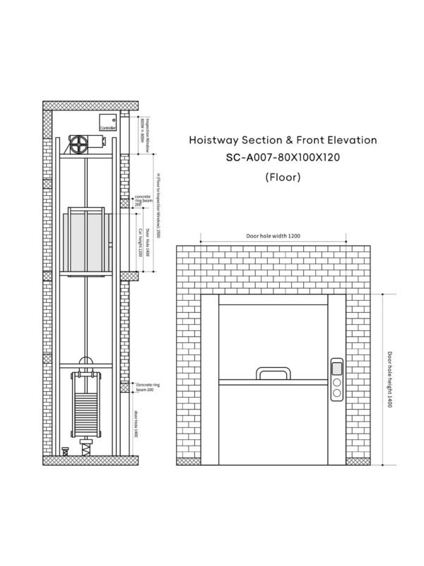 sc-a007-dumbwaiter-80x100x120cm-4 SC-A007 200kg 1.1kW Dumbwaiter Lift | 80×100×120cm Side Counterweight