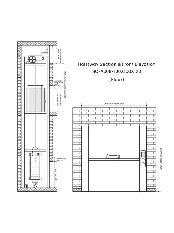 SC-A008 250kg 1.5kW Dumbwaiter Lift | 100x100x120cm Side Counterweight