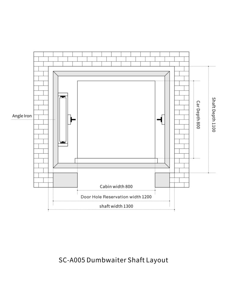 Dumbwaiter shaft layout drawing showing required space for a 150kg service lift