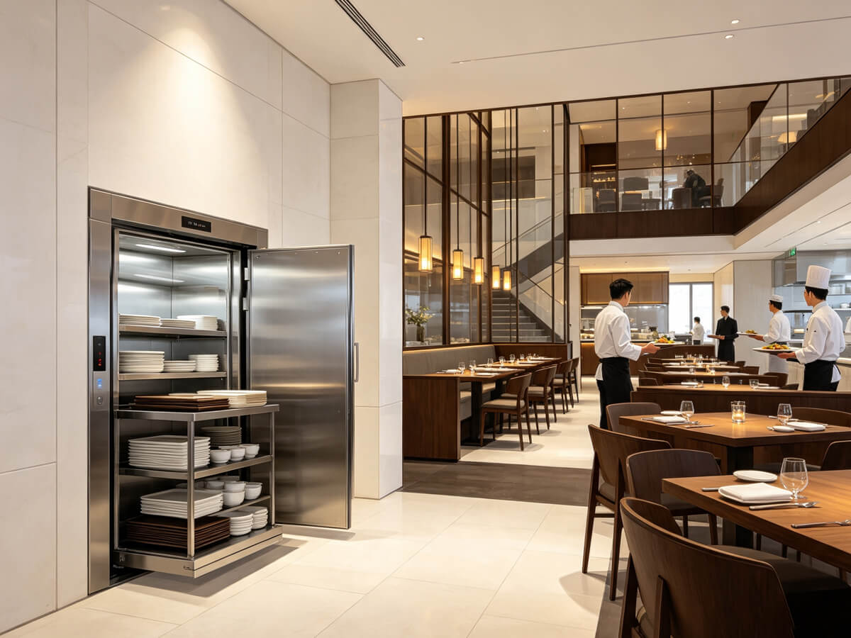 Stainless steel dumbwaiter doors set into a restaurant wall with diners in the background