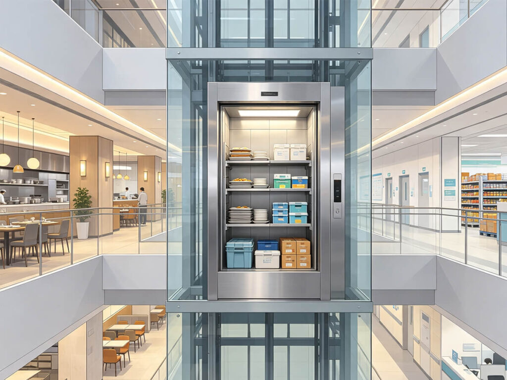 Commercial dumbwaiter lifts installed in a modern hotel and restaurant service area