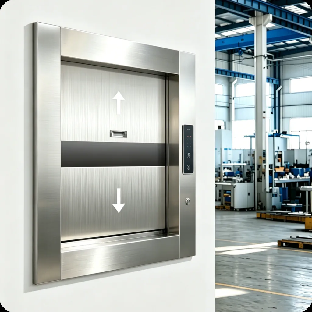 Food elevator landing door with up and down call buttons in a ServLifts workshop